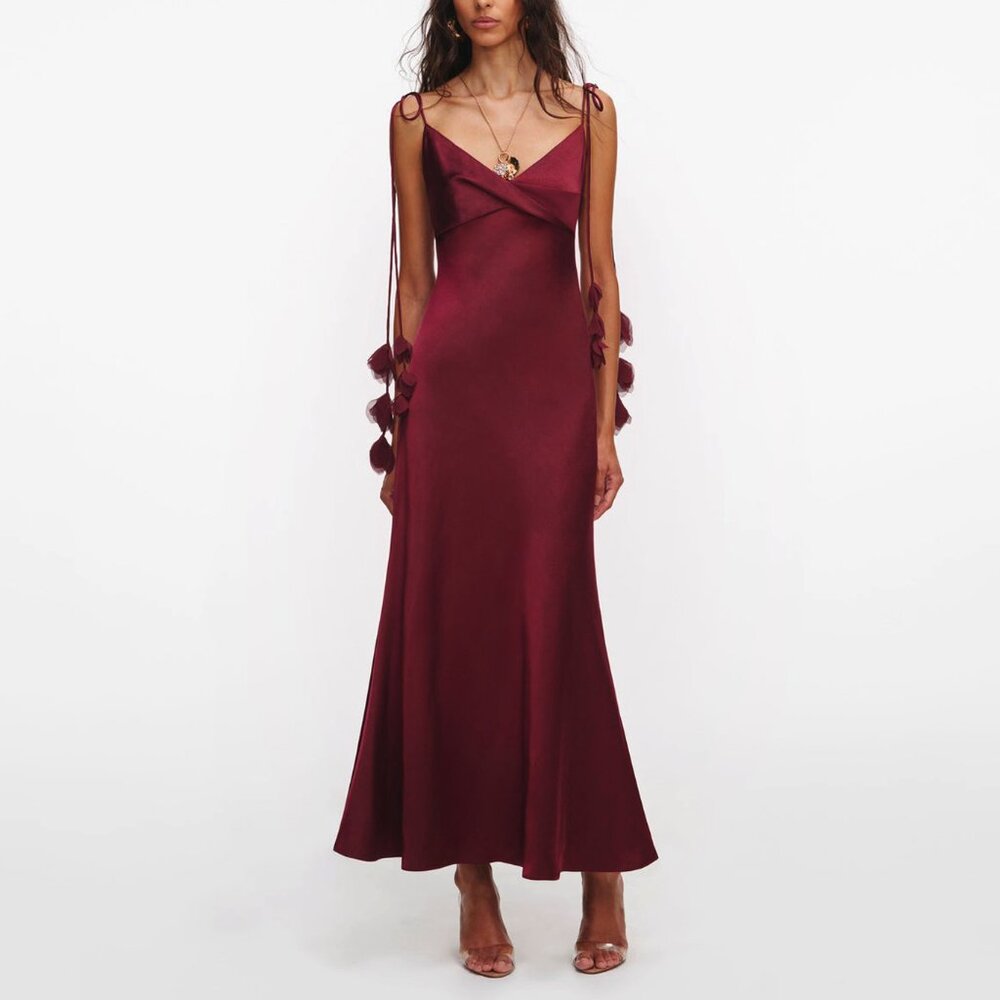 SELF-PORTRAIT  satin flower midi dress — bordeaux